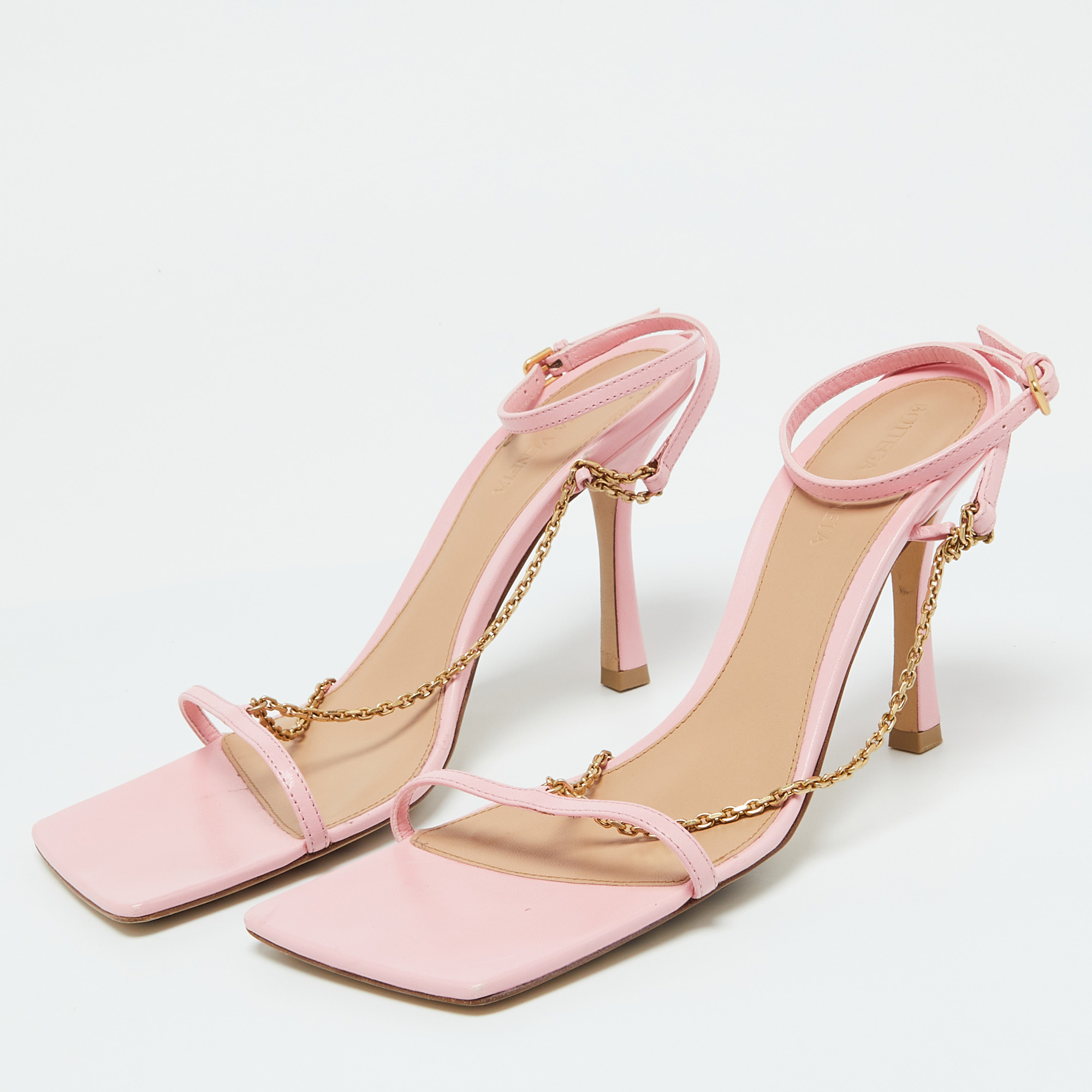 Bottega Veneta Pink Leather Chain Link T Strap Sandals Size 39