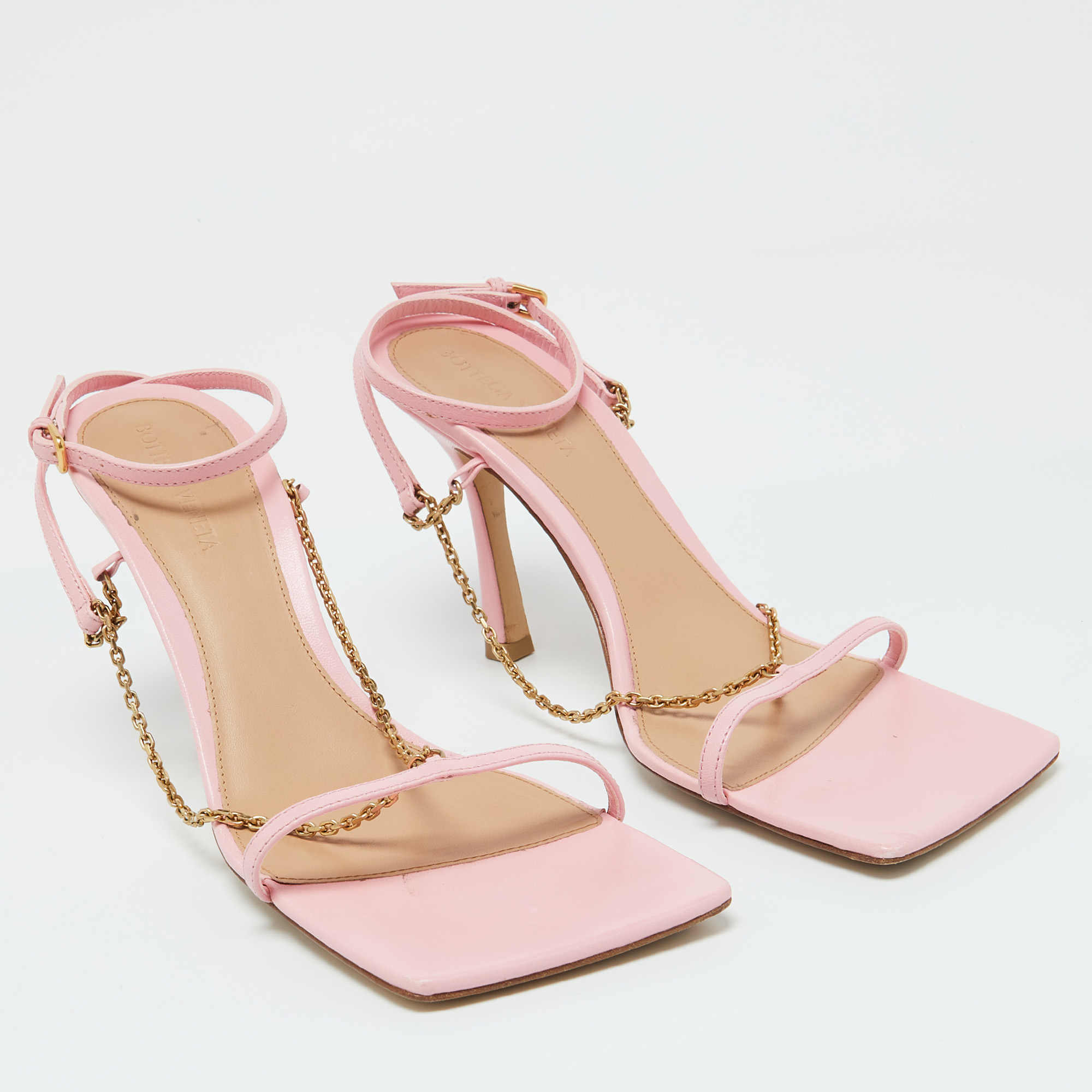 Bottega Veneta Pink Leather Chain Link T Strap Sandals Size 39