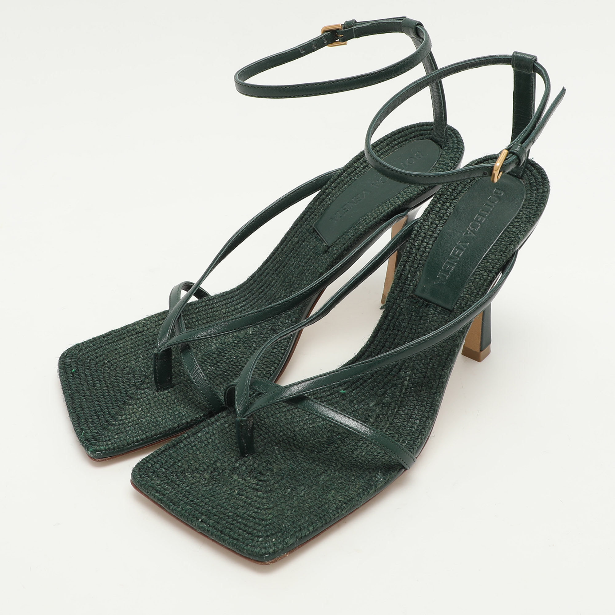 Bottega Veneta Green Leather Stretch Ankle Strap Sandals Size 37