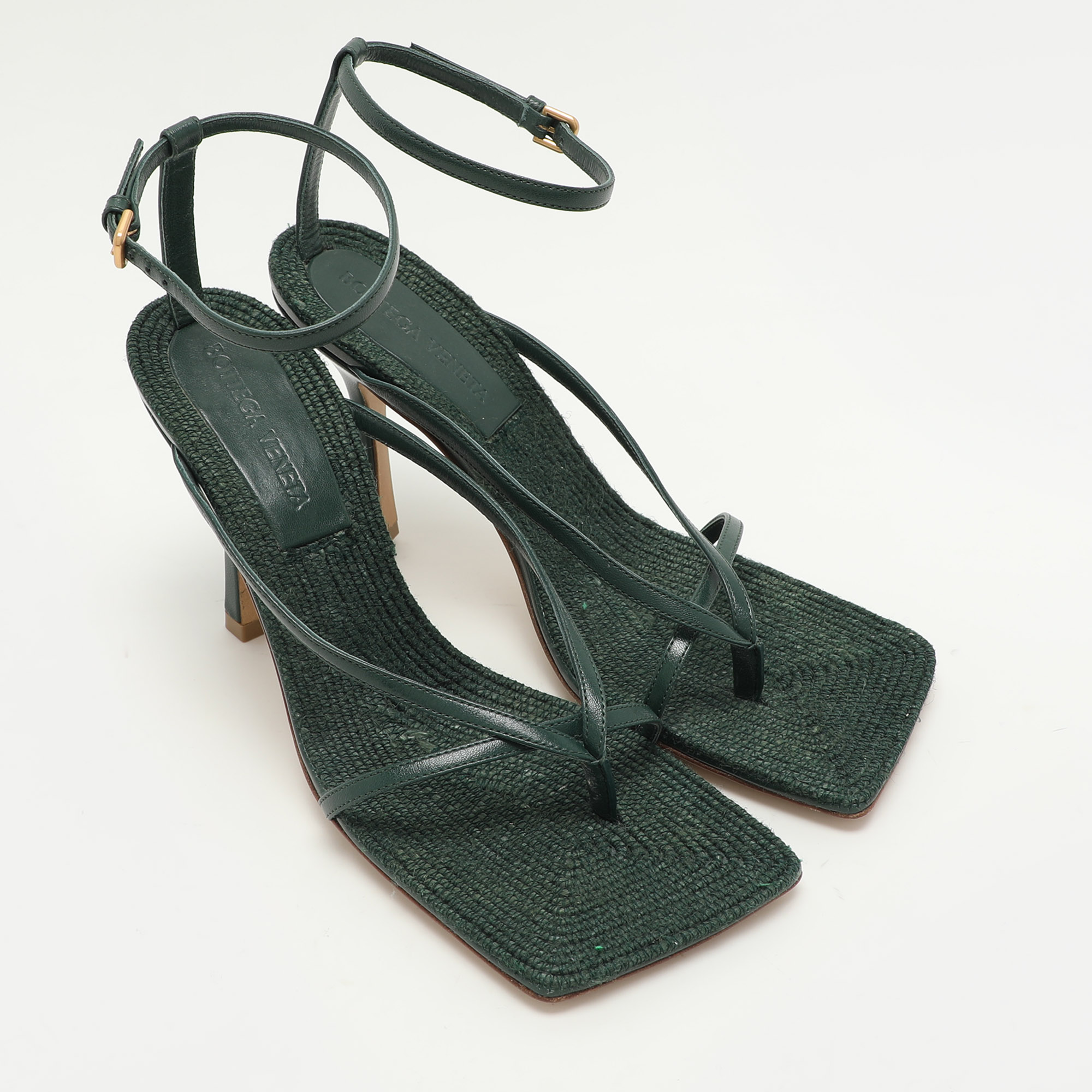 Bottega Veneta Green Leather Stretch Ankle Strap Sandals Size 37