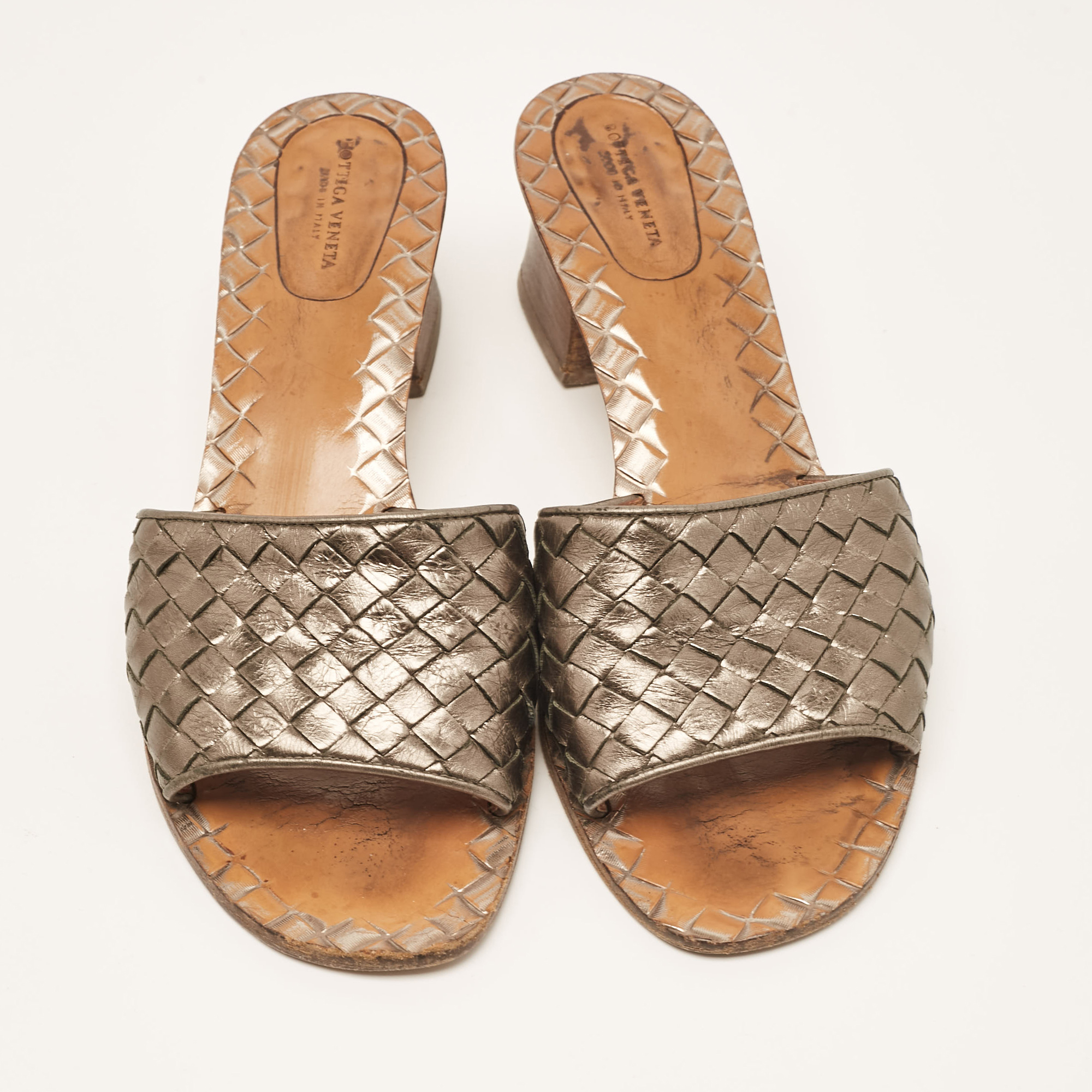 Bottega Veneta Metallic Intrecciato Leather Ravello Slide Sandals Size 40