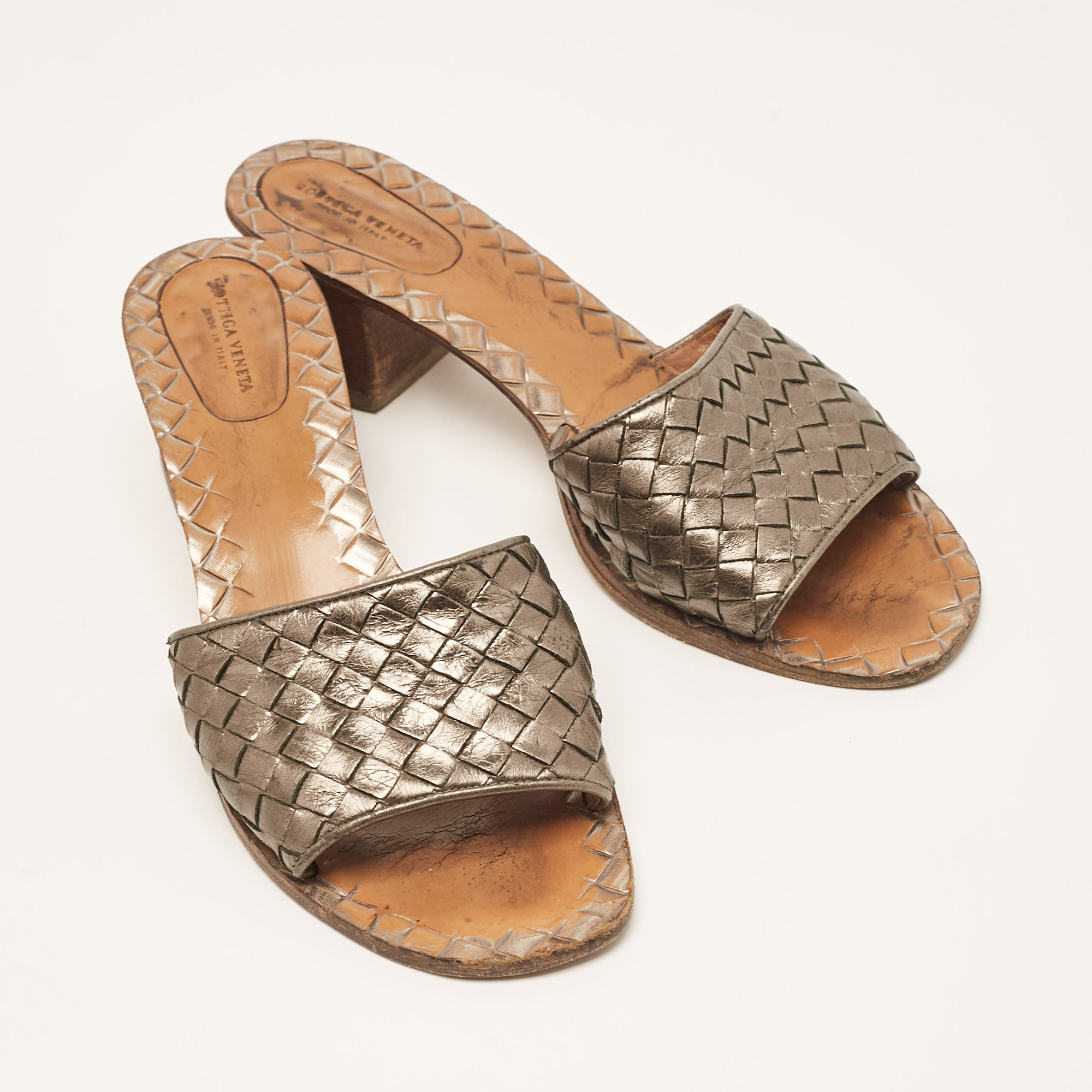 Bottega Veneta Metallic Intrecciato Leather Ravello Slide Sandals Size 40