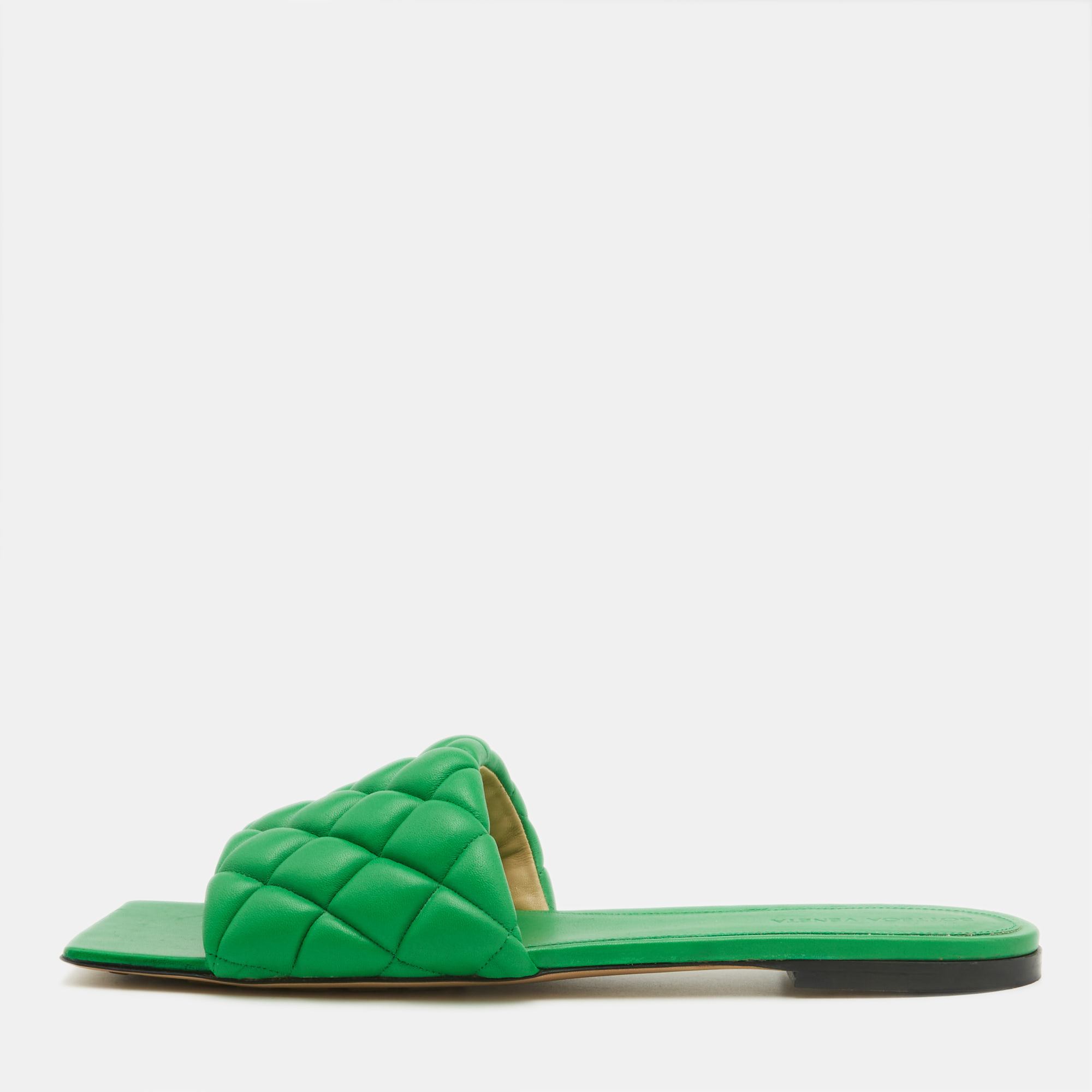 Bottega Veneta Green Quilted Leather Flat Slides Size 42