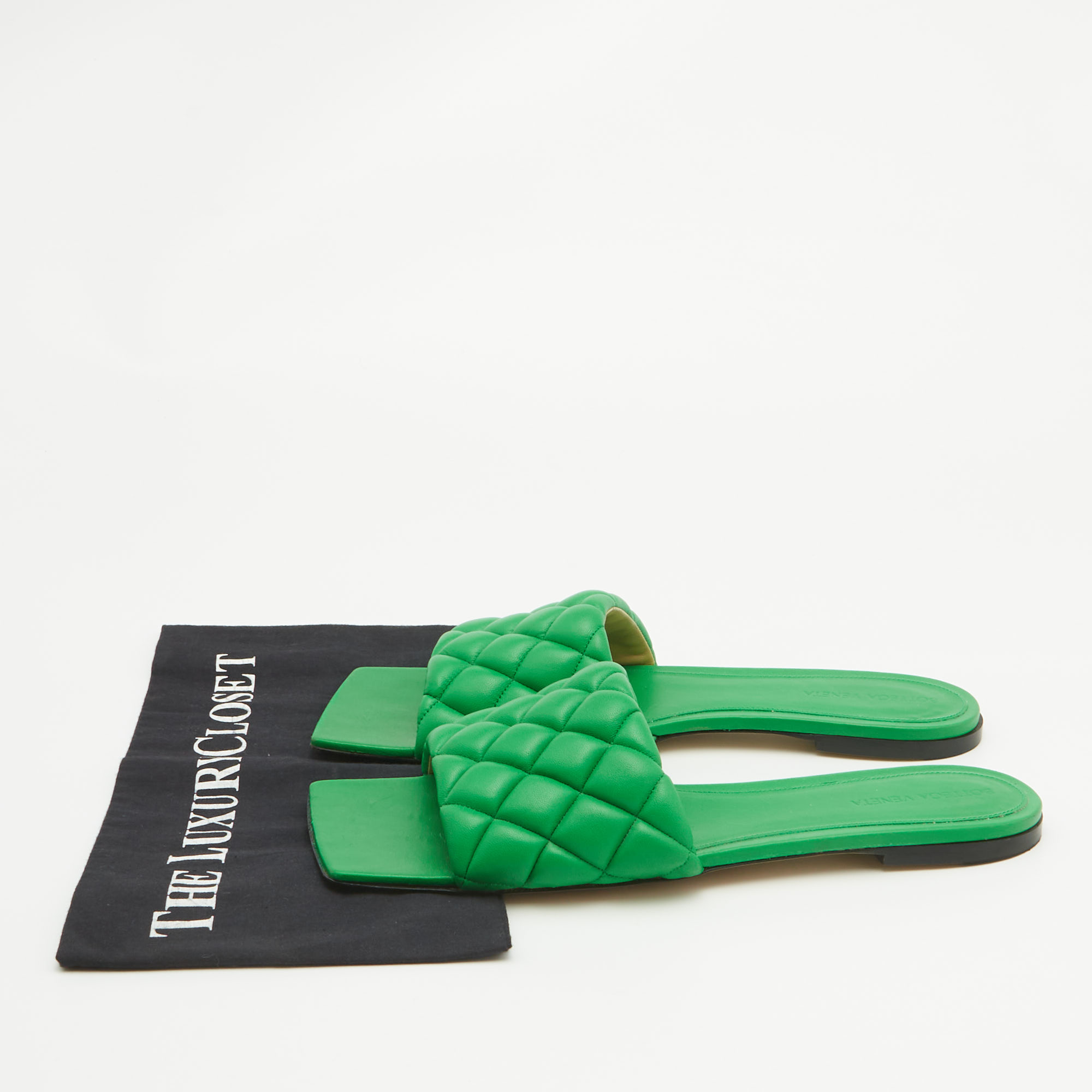 Bottega Veneta Green Quilted Leather Flat Slides Size 42