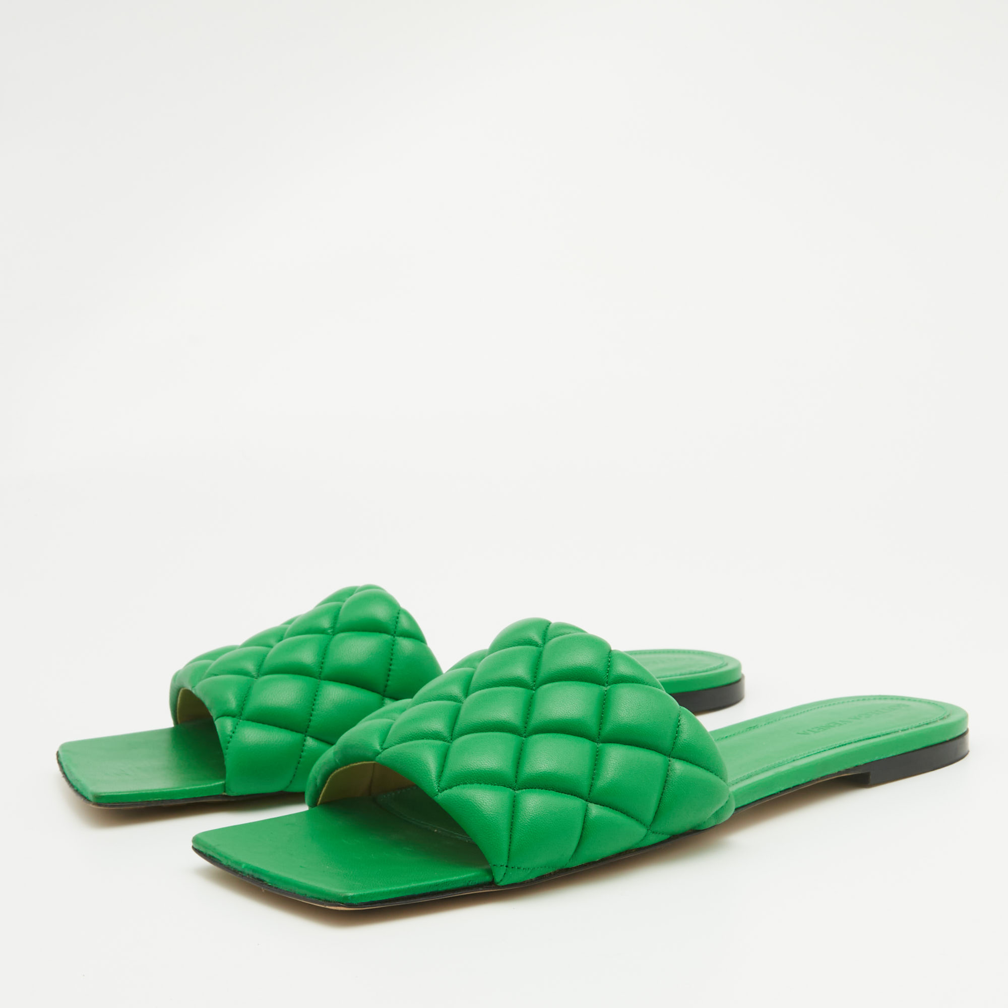 Bottega Veneta Green Quilted Leather Flat Slides Size 42