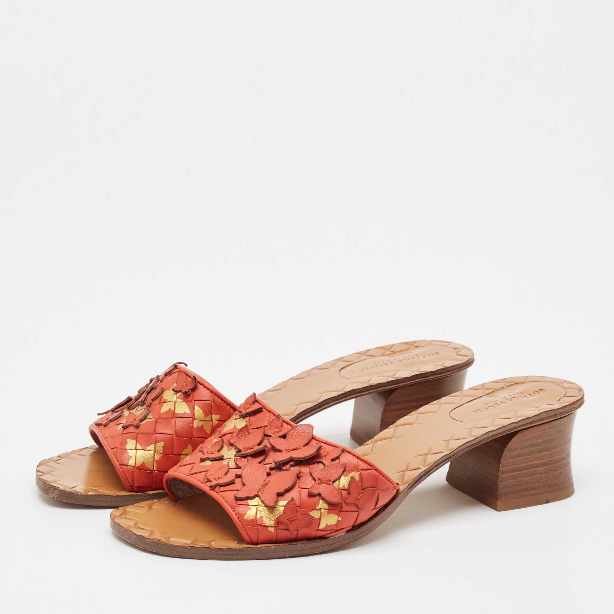 Bottega Veneta Orange Intrecciato Leather Butterfly Applique Ravello Sandals Size 38