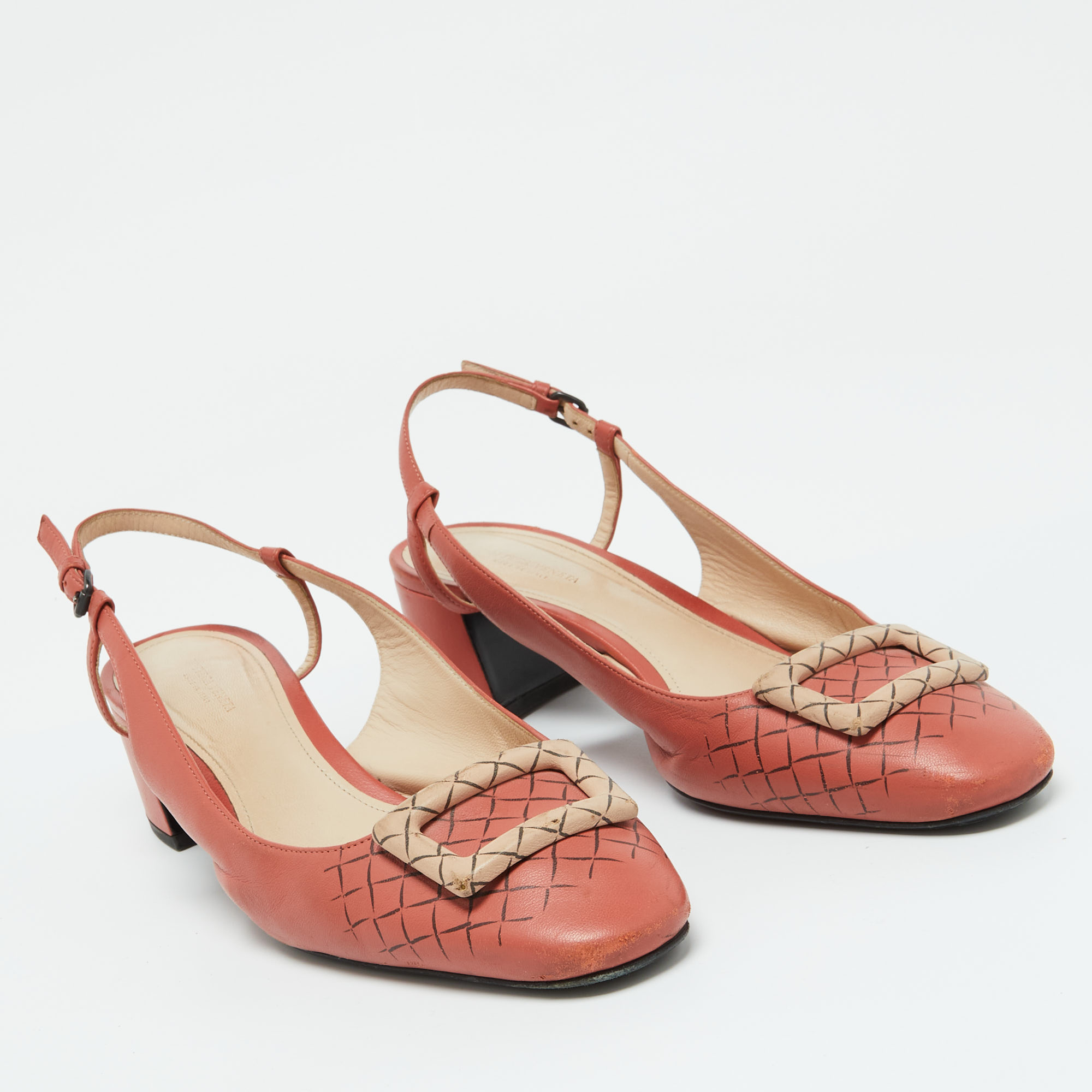 Bottega Veneta Coral Pink Leather Block Heel Slingback Pumps Size 39