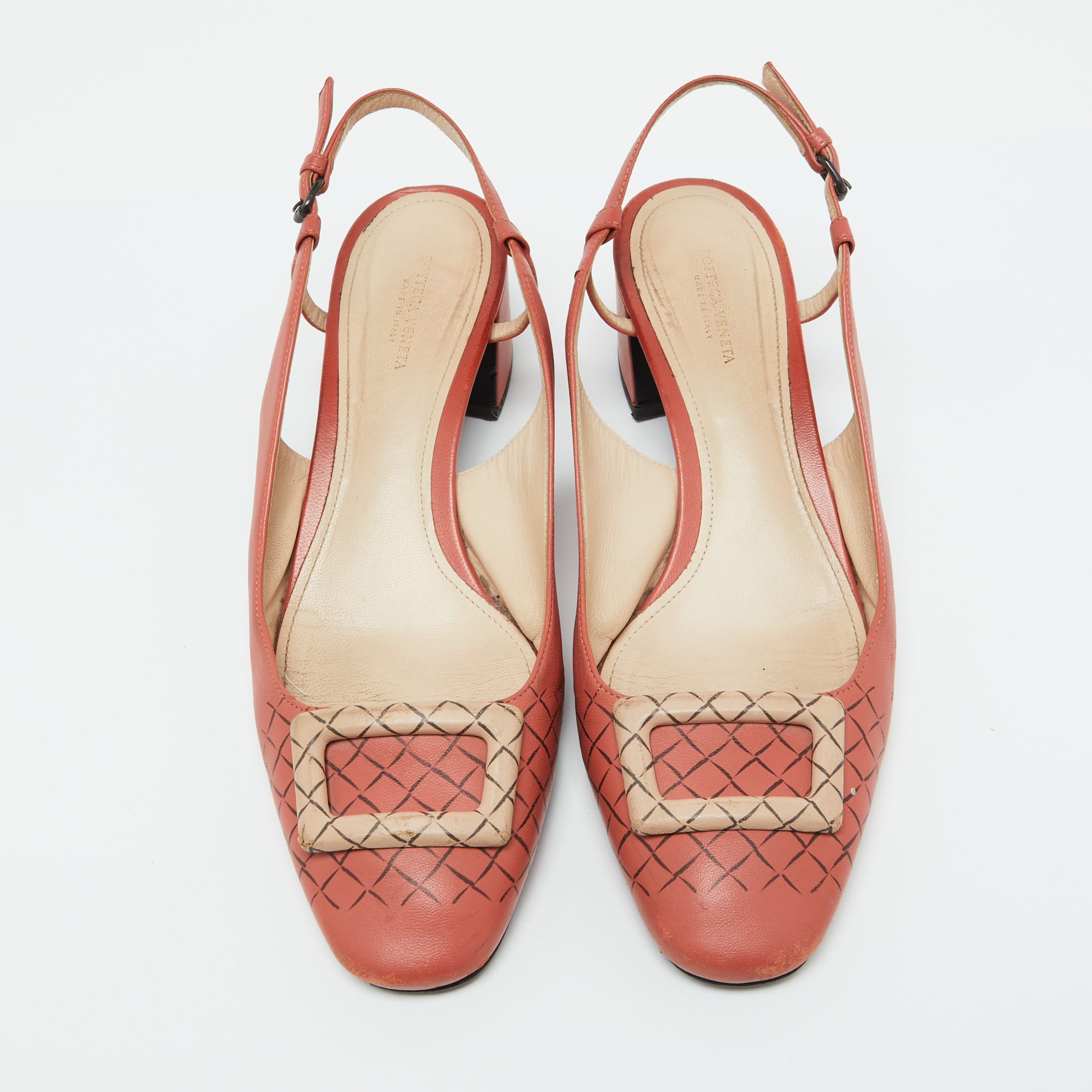 Bottega Veneta Coral Pink Leather Block Heel Slingback Pumps Size 39