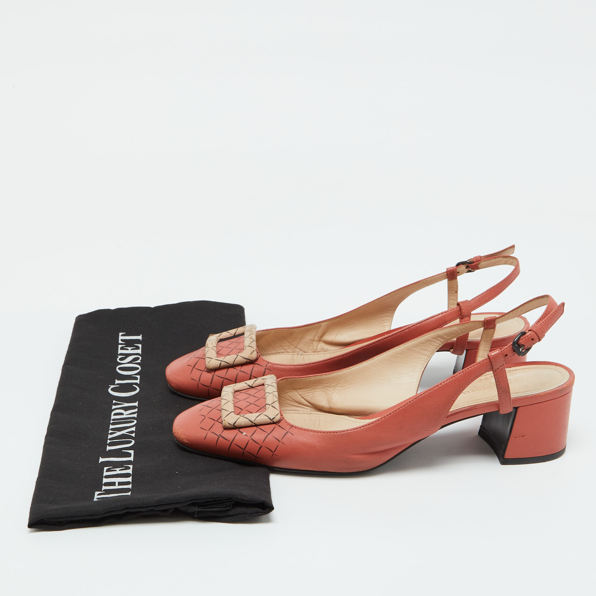 Bottega Veneta Coral Pink Leather Block Heel Slingback Pumps Size 39