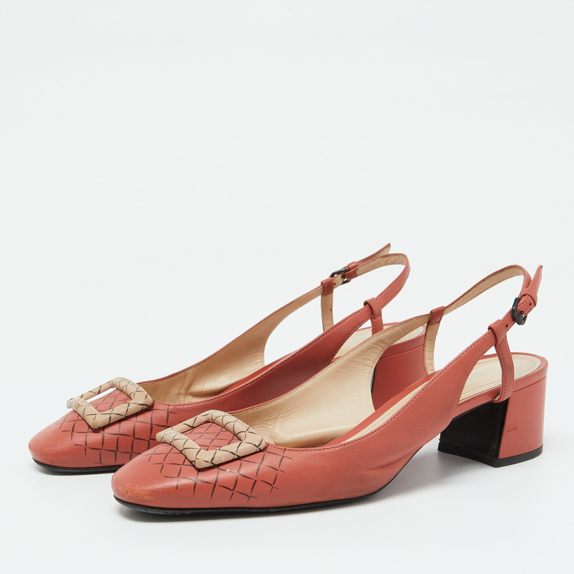 Bottega Veneta Coral Pink Leather Block Heel Slingback Pumps Size 39