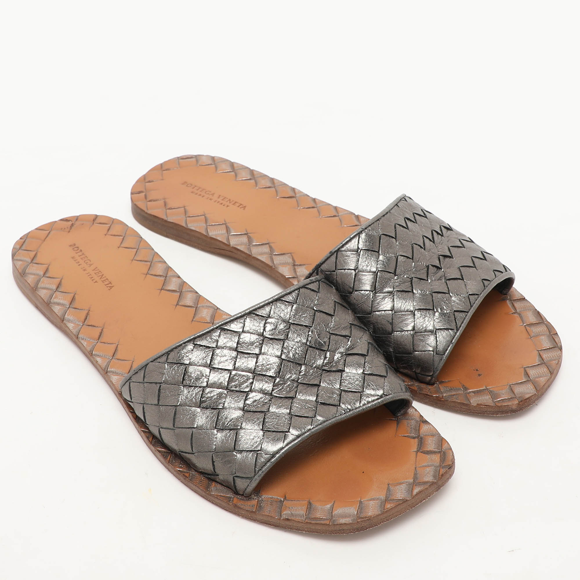 Bottega Veneta Metallic Dark Grey Intrecciato Leather Flat Slides Size 39.5