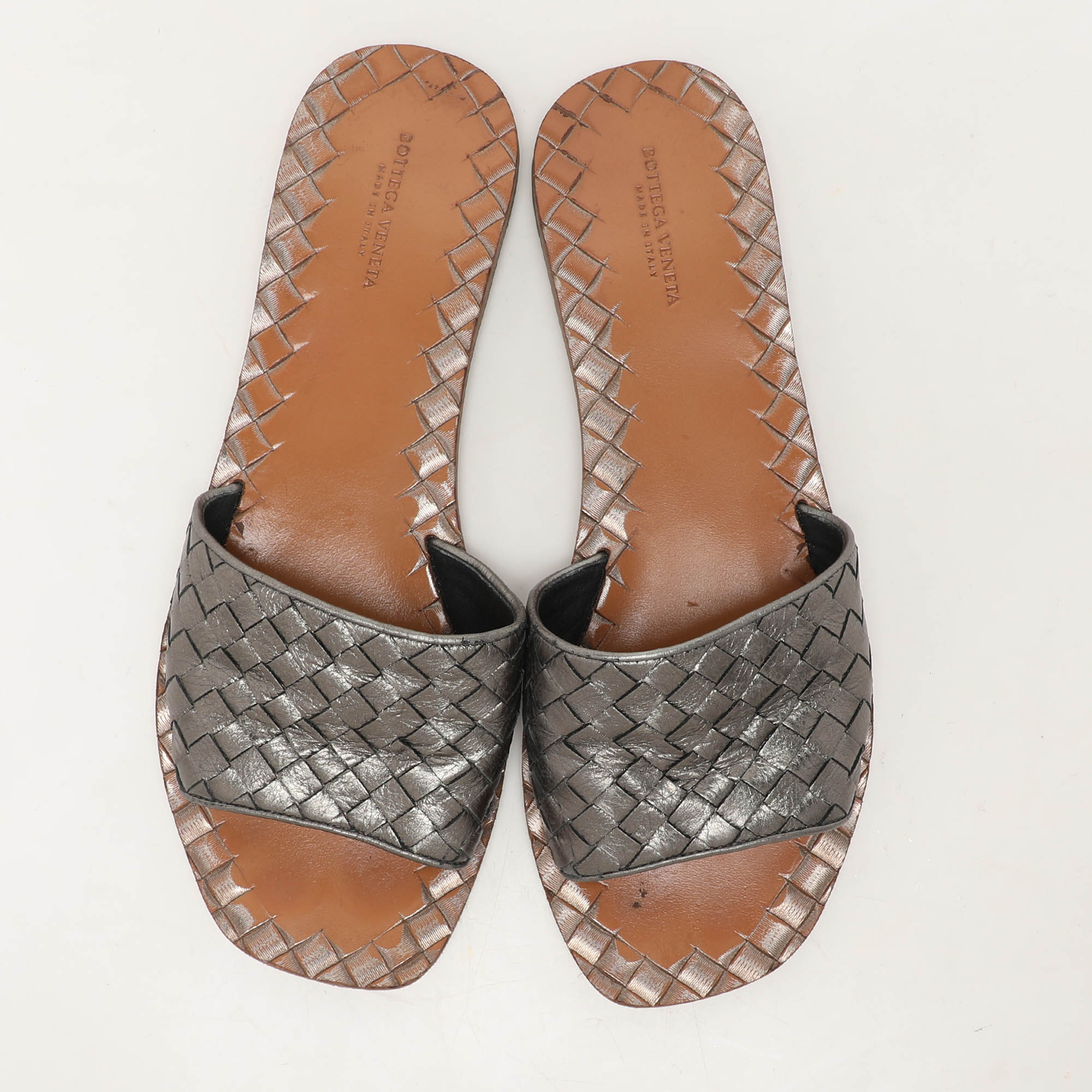 Bottega Veneta Metallic Dark Grey Intrecciato Leather Flat Slides Size 39.5