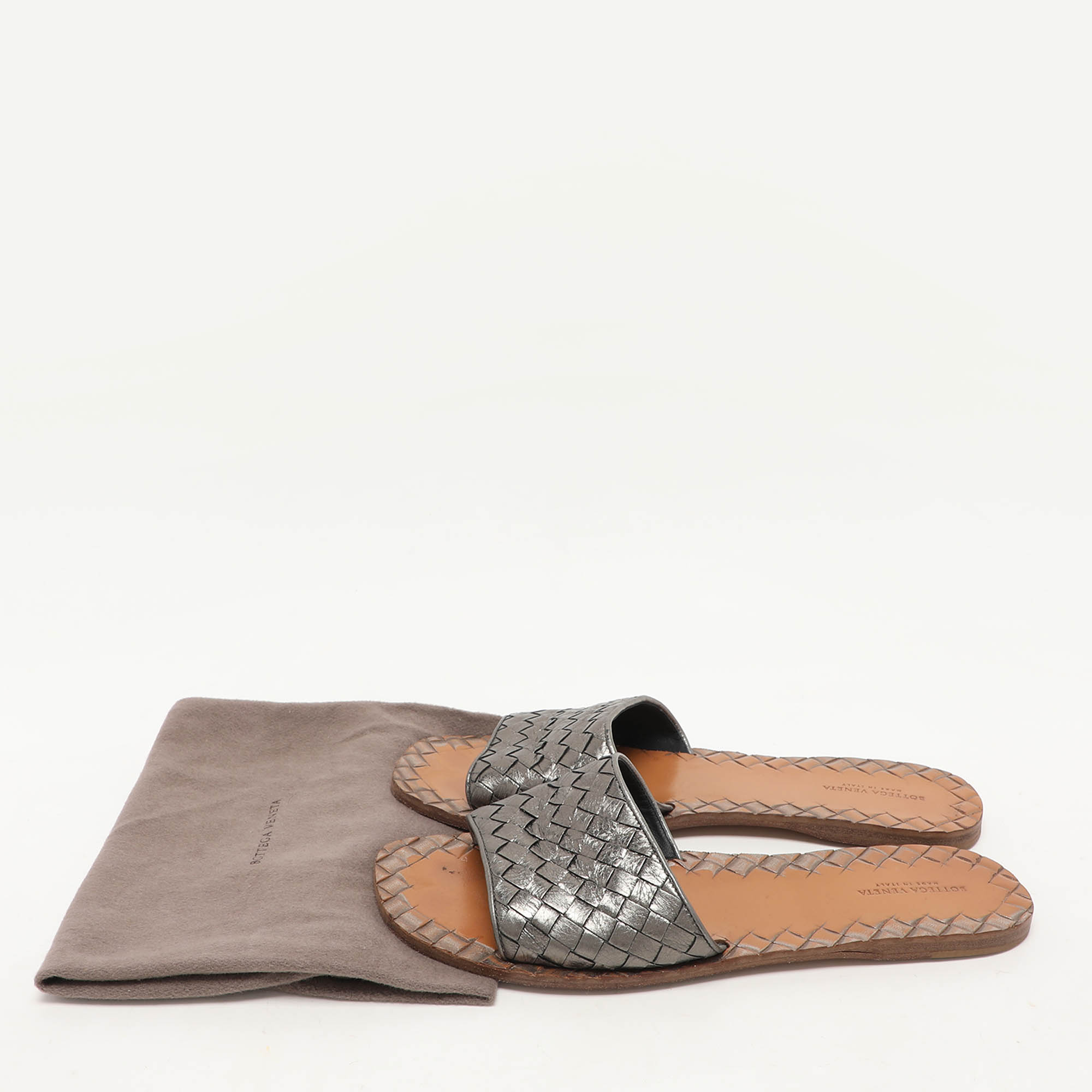 Bottega Veneta Metallic Dark Grey Intrecciato Leather Flat Slides Size 39.5