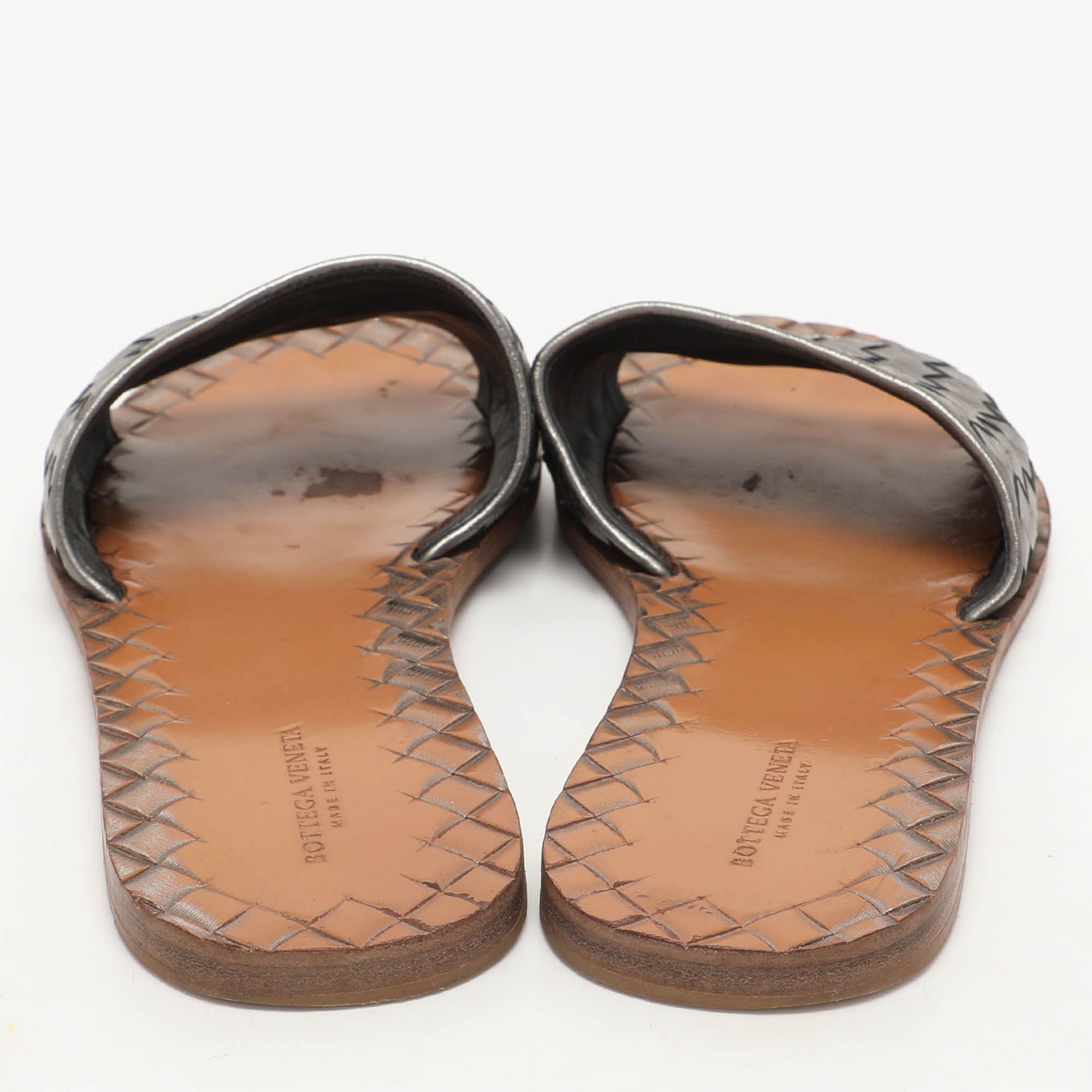 Bottega Veneta Metallic Dark Grey Intrecciato Leather Flat Slides Size 39.5