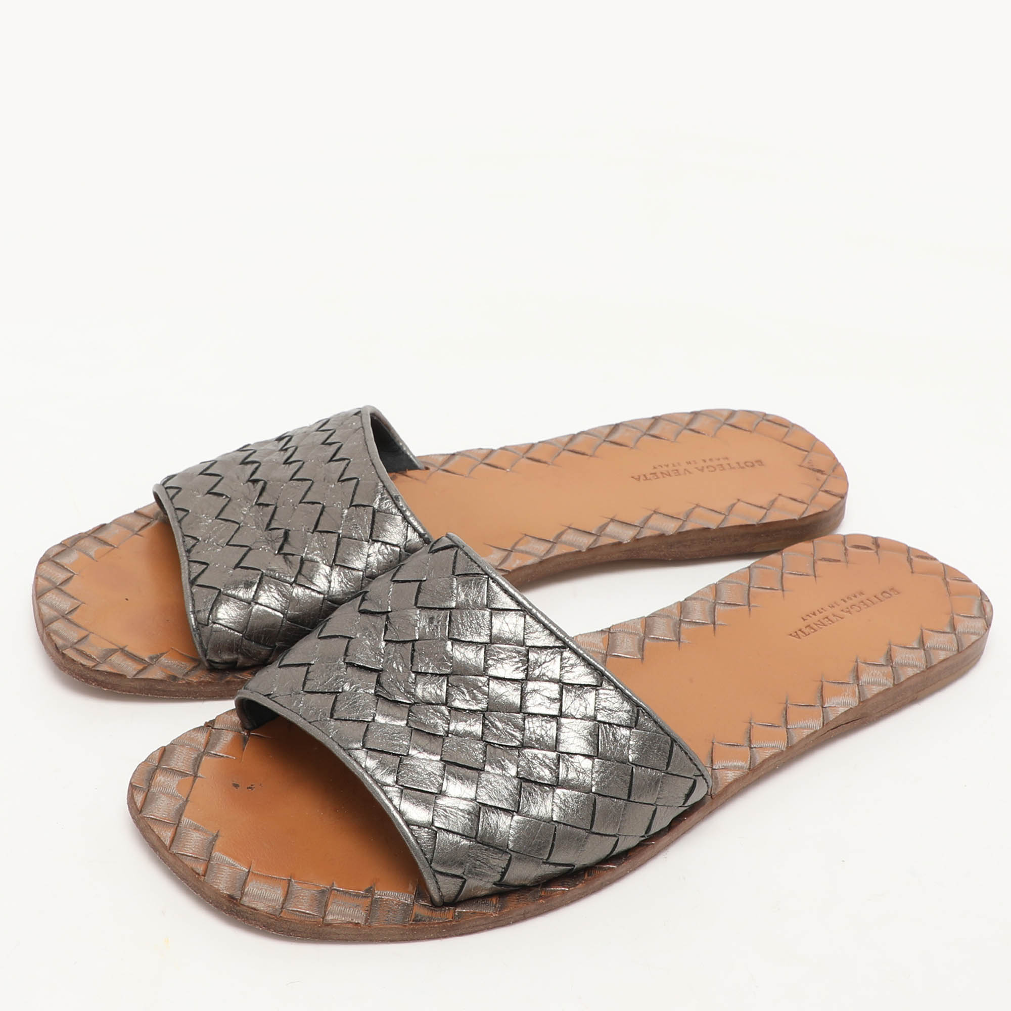 Bottega Veneta Metallic Dark Grey Intrecciato Leather Flat Slides Size 39.5