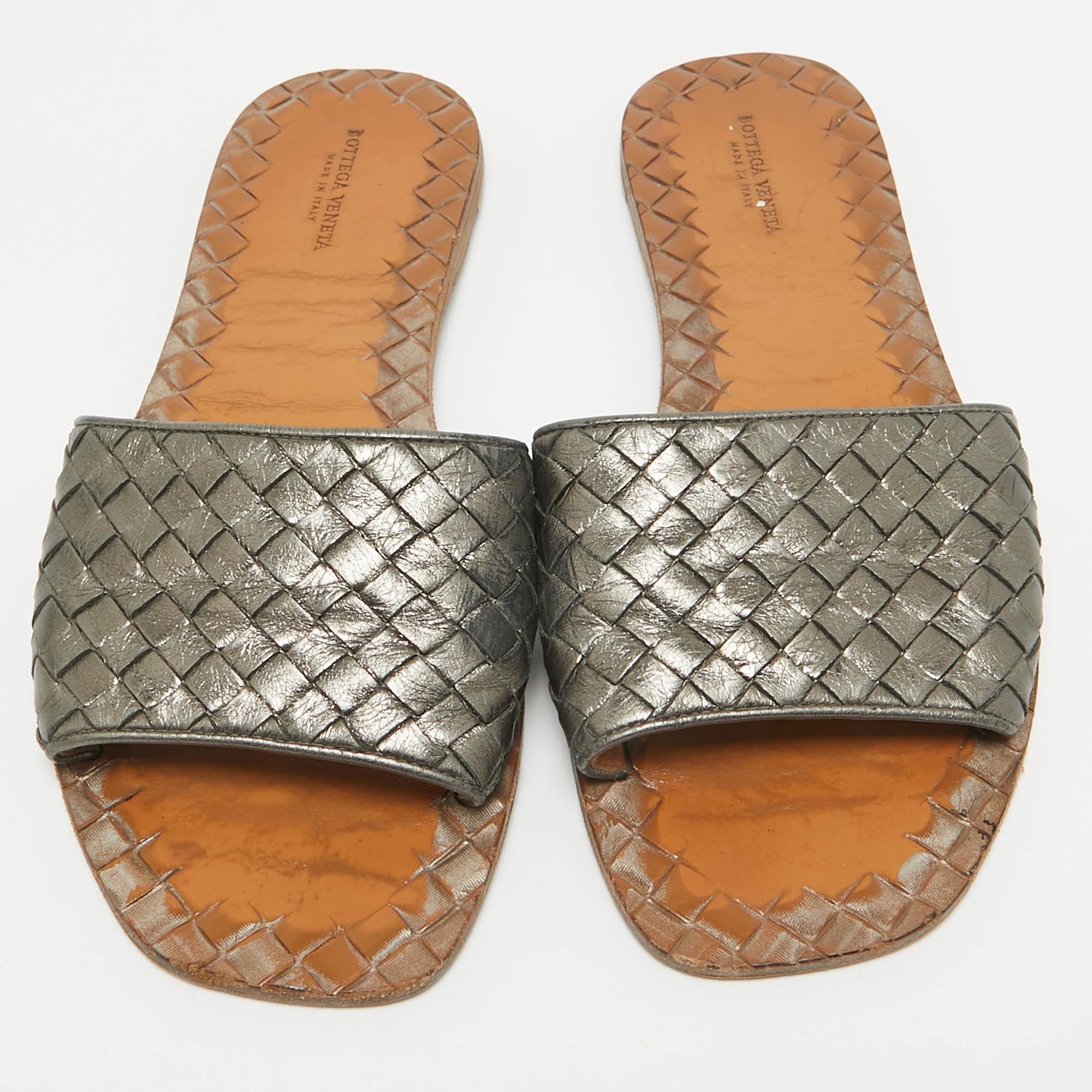 Bottega Veneta Metallic Grey Intrecciato Leather Flat Slides Size 39