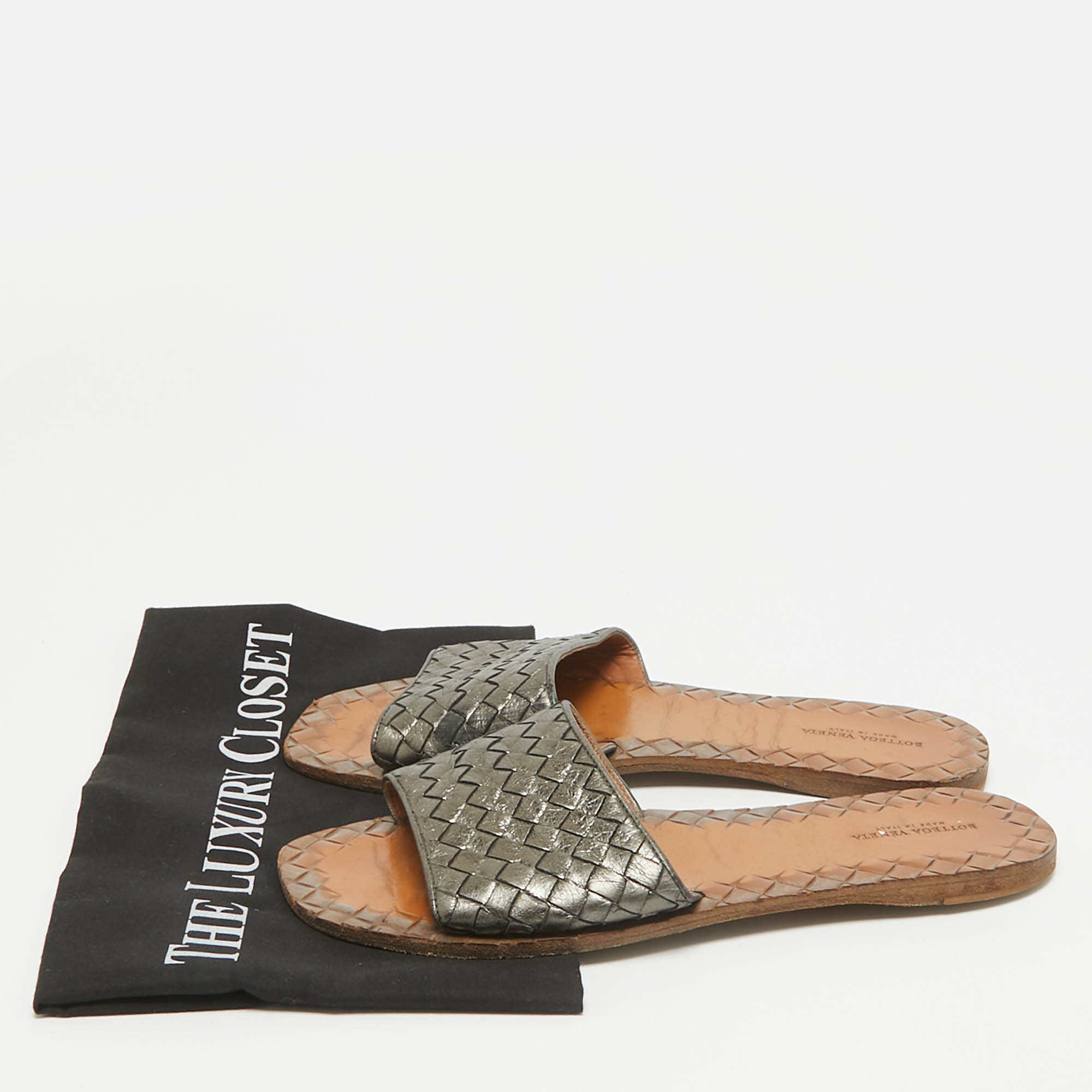 Bottega Veneta Metallic Grey Intrecciato Leather Flat Slides Size 39