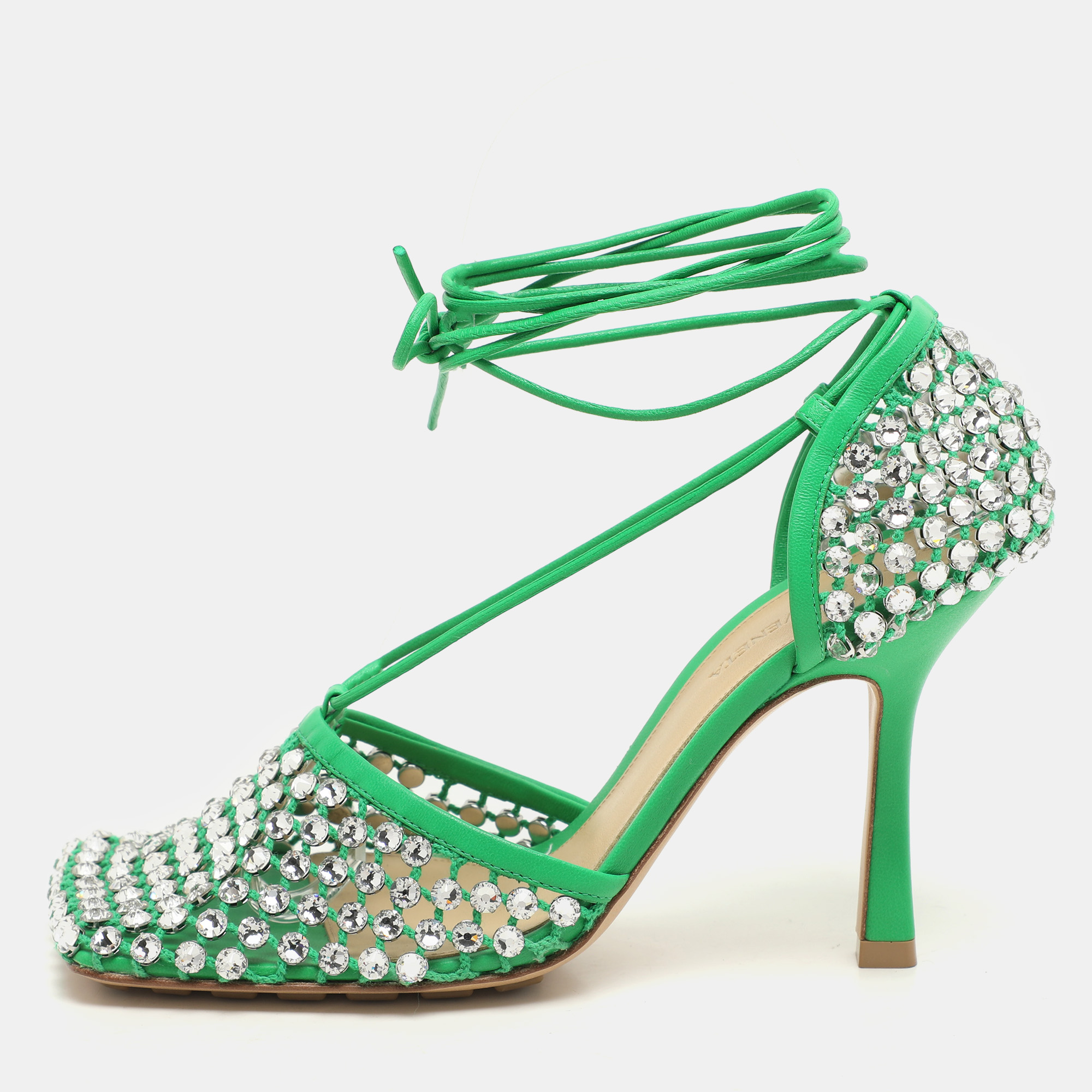 Bottega Veneta Green Leather And Cotton Mesh Sparkle Stretch Ankle Wrap Sandals Size 37
Bottega Veneta Green Leather And Cotton Mesh Sparkle Stretch Ankle Wrap Sandals Size 37