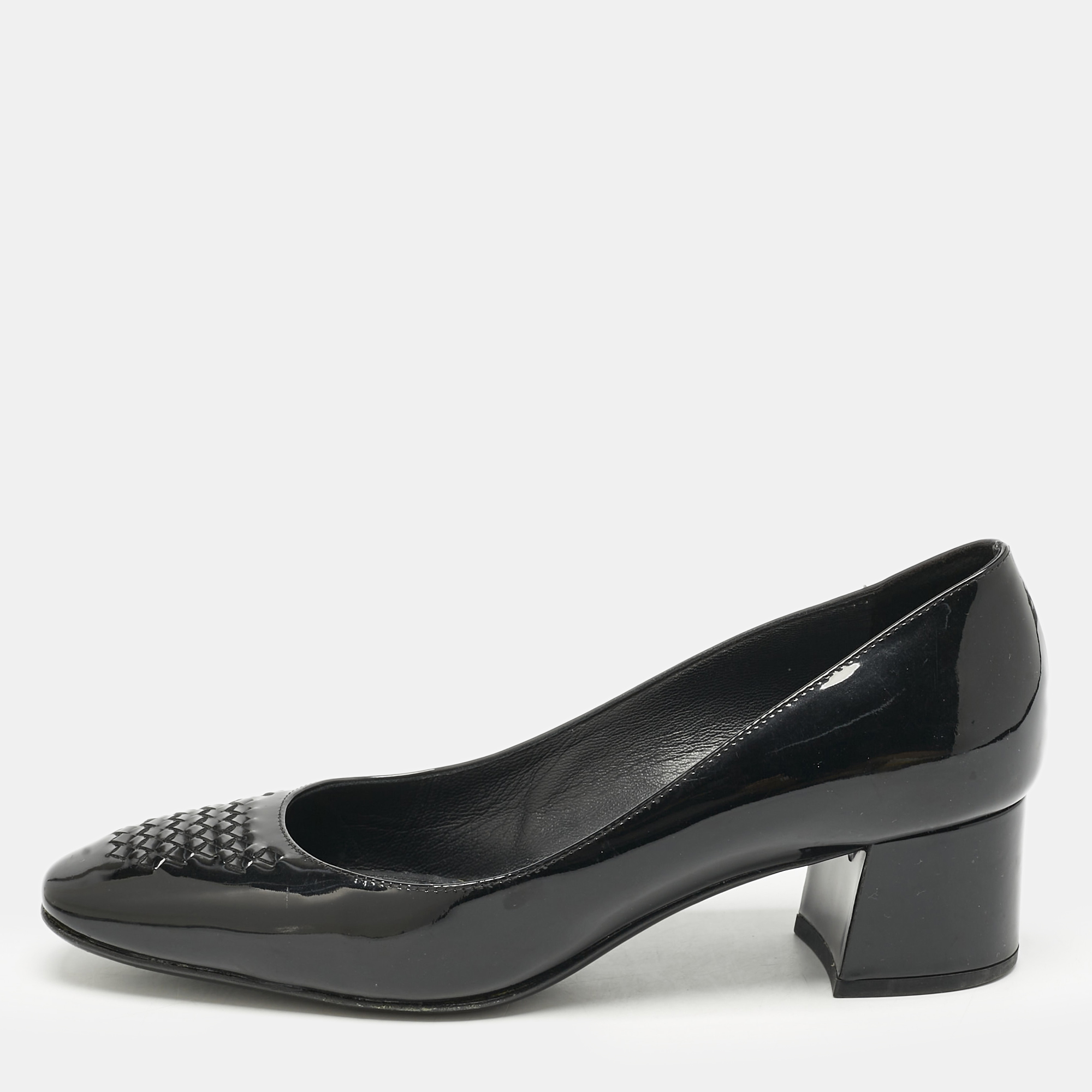 Bottega Veneta Black Intrecciato Patent Leather Block Heel Pumps Size
Bottega Veneta Black Intrecciato Patent Leather Block Heel Pumps Size