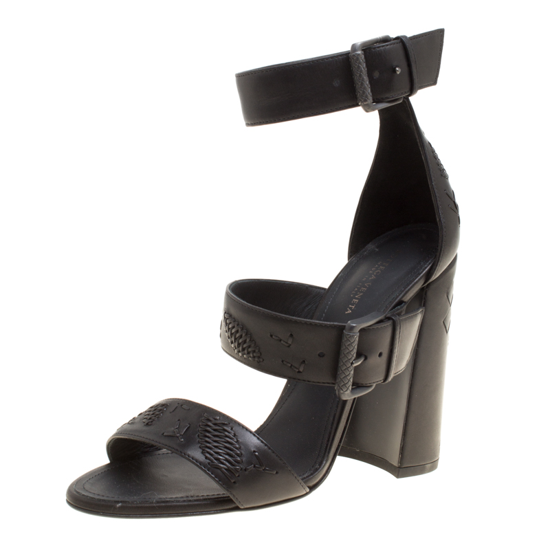 Image of Bottega Veneta Black Leather Embroidery Stitch Detail Block Heel Ankle Strap Sandals Size .
