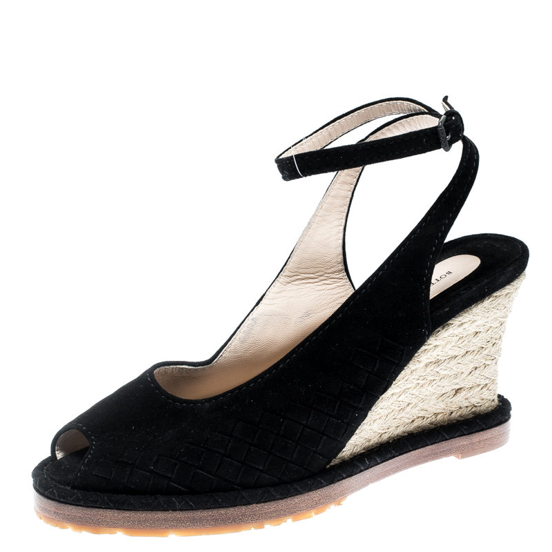 Image of Bottega Veneta Black Intrecciato Suede Espadrille Ankle Strap Wedge Sandals Size