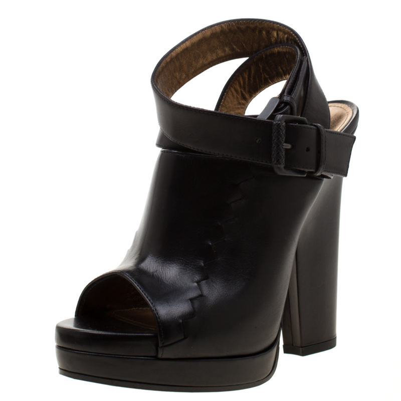 Image of Bottega Veneta Black Leather Open Toe Ankle Strap Platform Sandals Size .