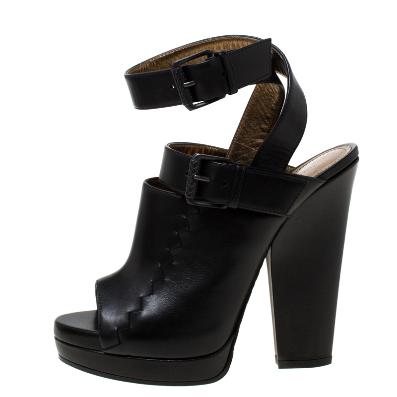 

Bottega Veneta Black Intrecciato Detail Leather Peep Toe Ankle Wrap Platform Sandals Size