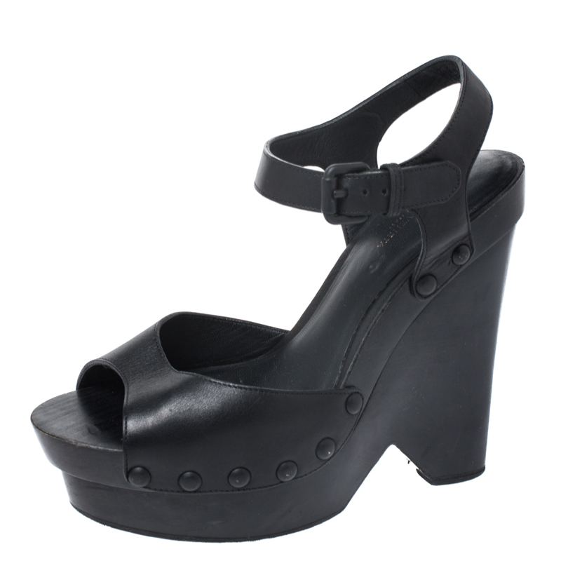 Image of Bottega Veneta Black Leather Open Toe Ankle Strap Wedge Sandals Size .