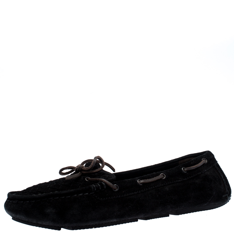 Image of Bottega Veneta Black Intrecciato Suede Leather Bow Slip On Loafers Size .