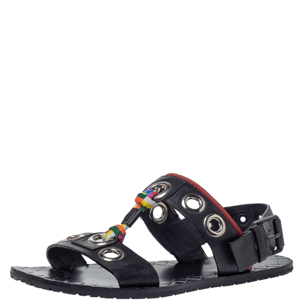 Image of Bottega Veneta Black Leather Grommet Slingback Flat Sandals Size