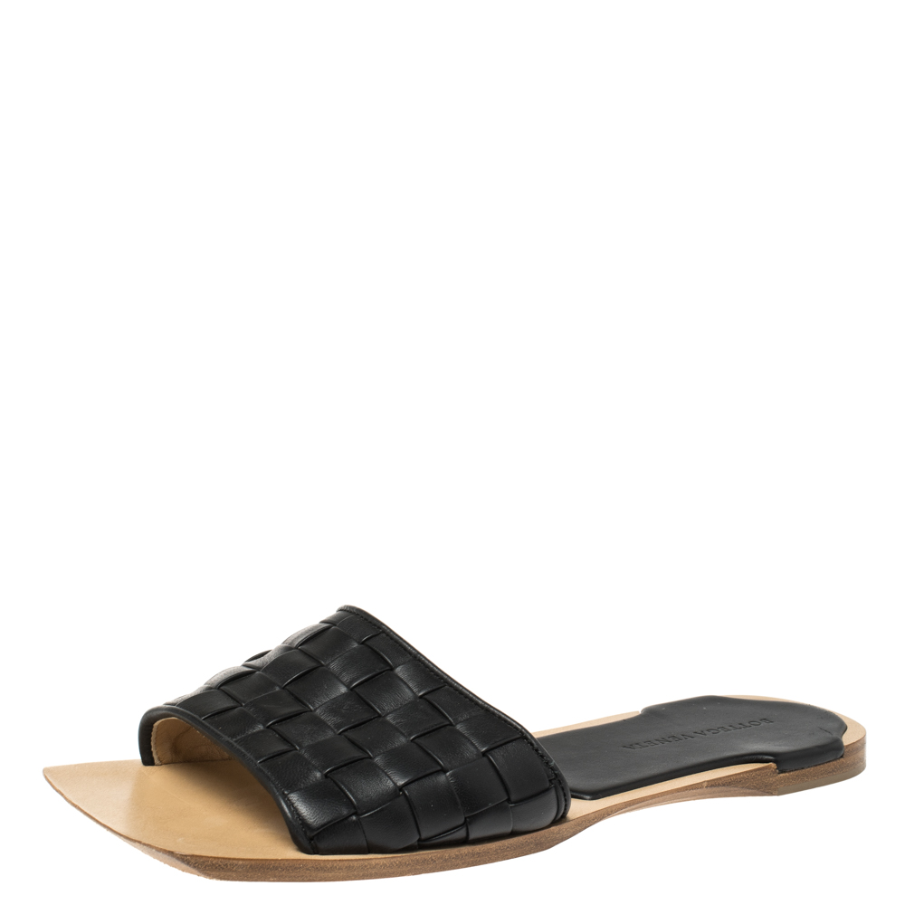Image of Bottega Veneta Black Intrecciato Leather Square Toe Flat Sandals Size .