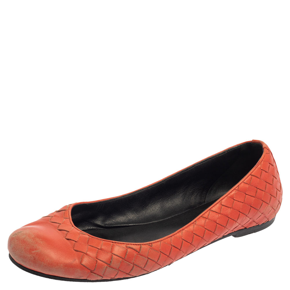 Bottega Veneta Orange Intrecciato Leather Ballet Flats Size 39