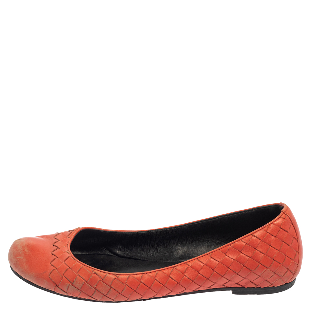 Bottega Veneta Orange Intrecciato Leather Ballet Flats Size 39