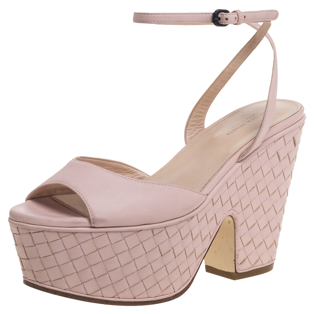 Bottega Veneta Pink Leather Platform Ankle Strap Sandals Size 36.5