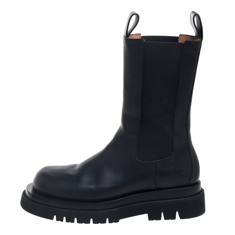 

Bottega Veneta Black Leather Storm Chelsea Mid Calf Boots Size