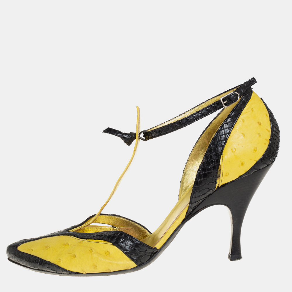 Bottega veneta yellow/black  ostrich and python ankle strap pumps size 39