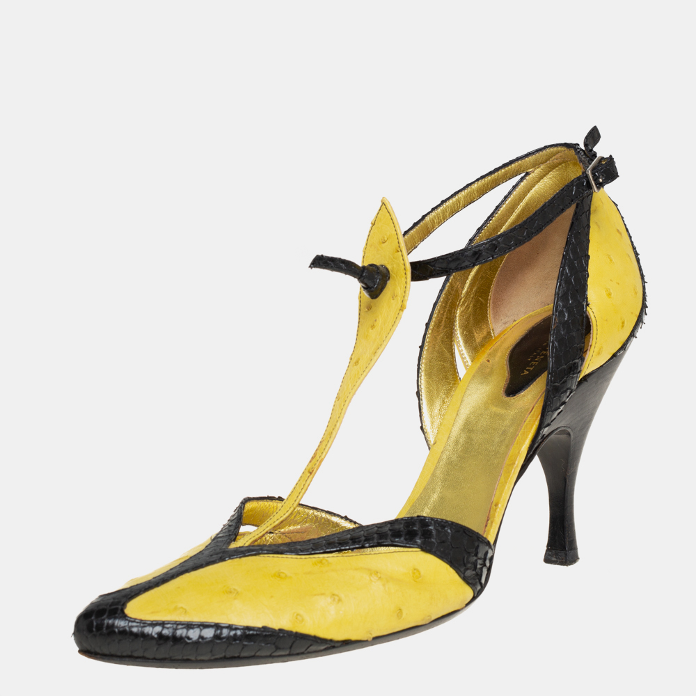 Bottega Veneta Yellow/Black  Ostrich And Python Ankle Strap Pumps Size 39