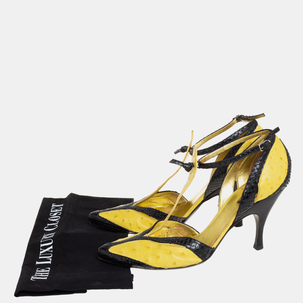 Bottega Veneta Yellow/Black  Ostrich And Python Ankle Strap Pumps Size 39