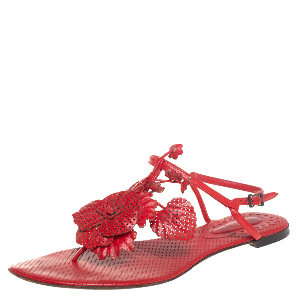 Bottega Veneta Red Perforated Leather Petal Detail T-Strap Flat Sandals Size 36