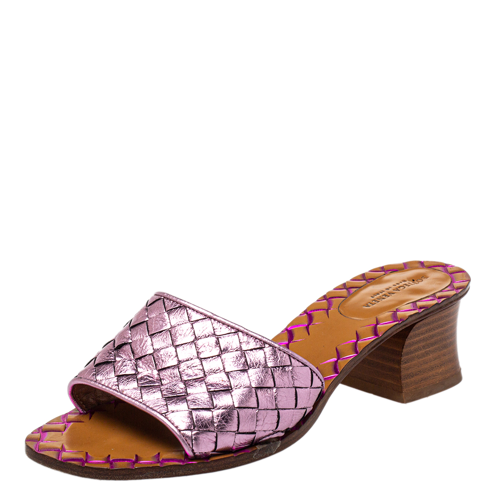 Bottega Veneta Metallic Purple Intrecciato Slide Sandals Size 36