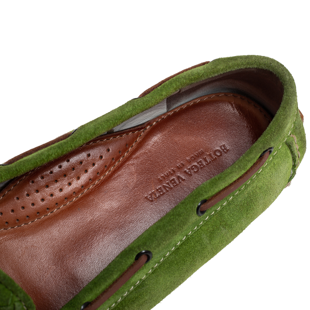 Bottega Veneta Green/Brown Intrecciato Suede Bow Slip On Loafers Size 38.5