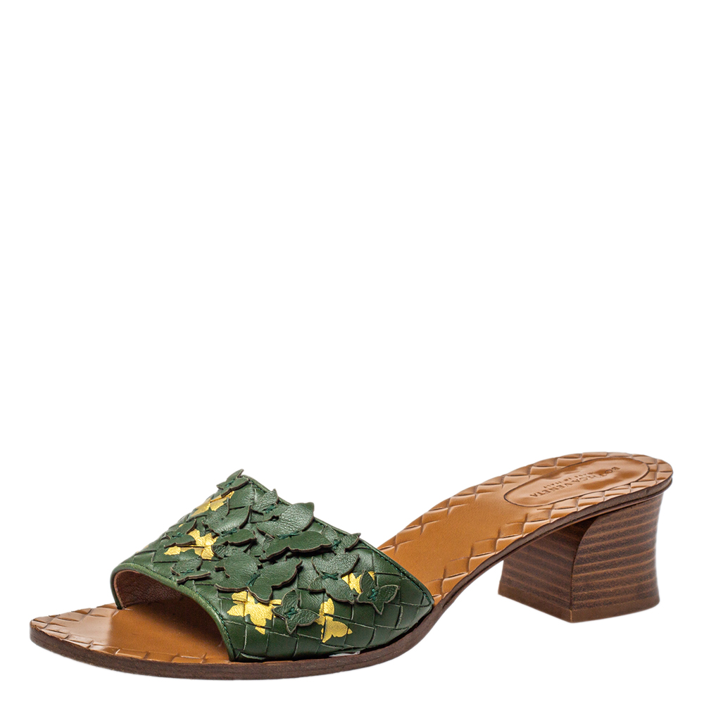 Bottega Veneta Green Intrecciato Leather Butterfly Applique Ravello Slides Size 41
