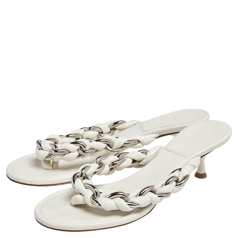 Bottega Veneta Off White Braided Leather & Chain Thong  Sandals Size 39