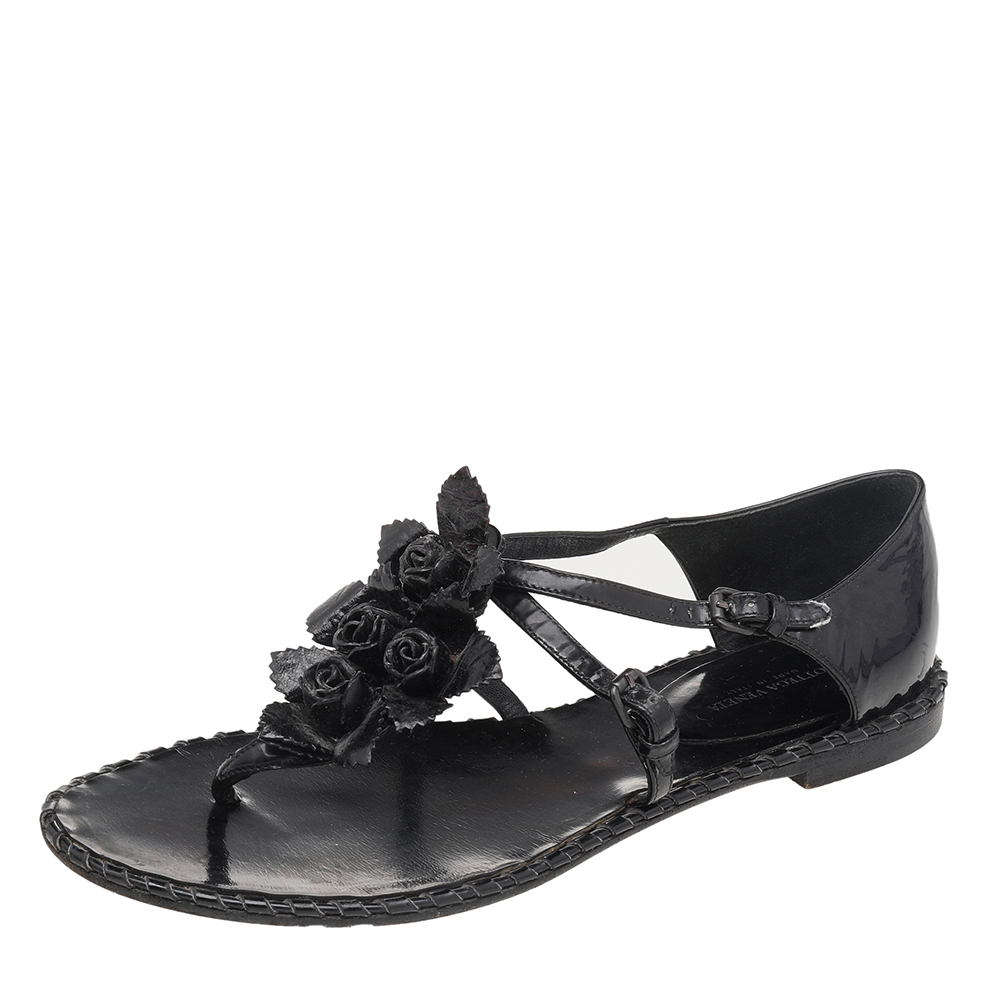 Bottega Veneta Black Patent Leather Flower Cutout Flat Sandals Size 38.5