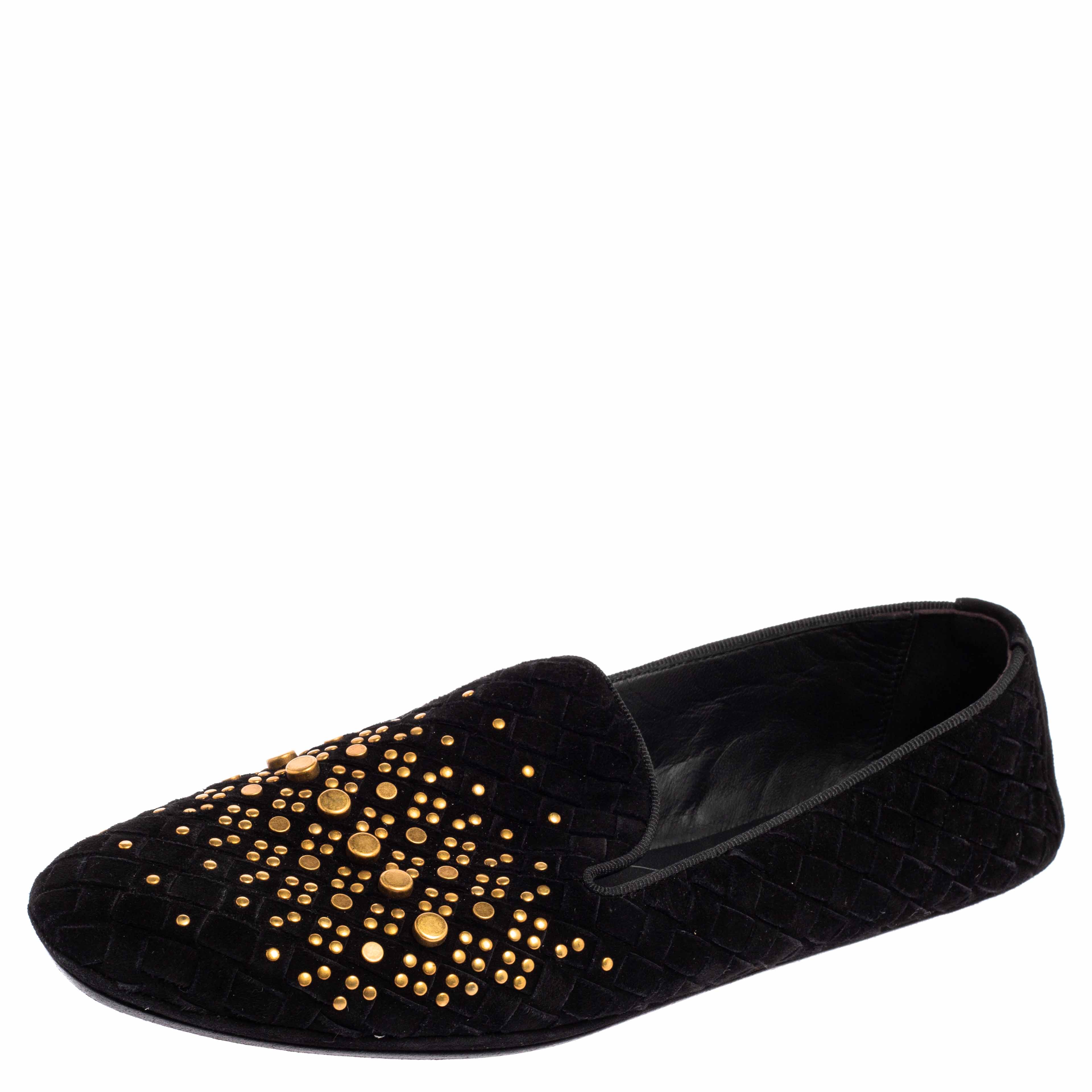Bottega veneta black interecciato suede studded smoking slippers size 36