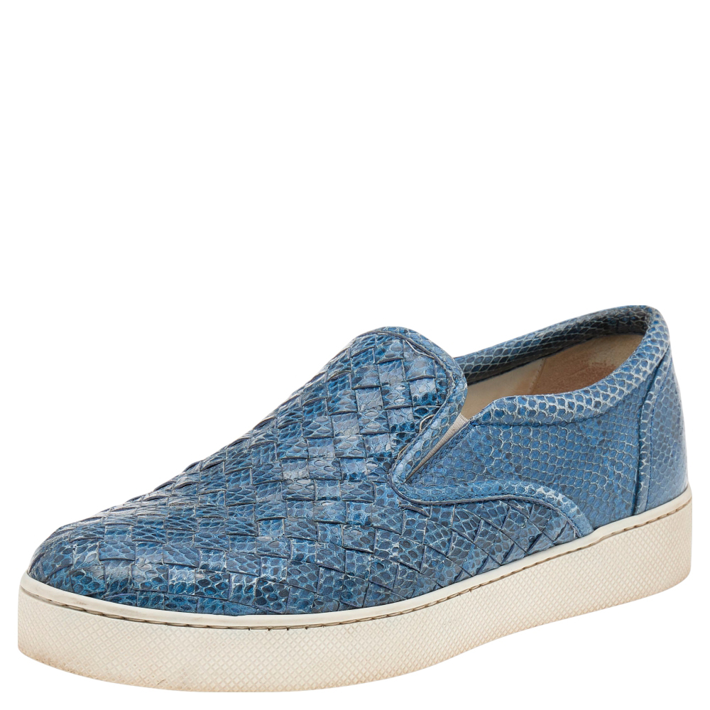 Bottega veneta blue intrecciato snakeskin dodger slip on sneakers size 39