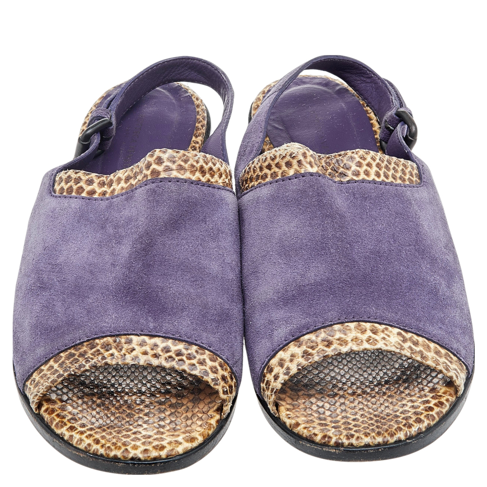 Bottega Veneta Purple/Beige Suede And Python Leather Slingback Flat Sandals Size 41