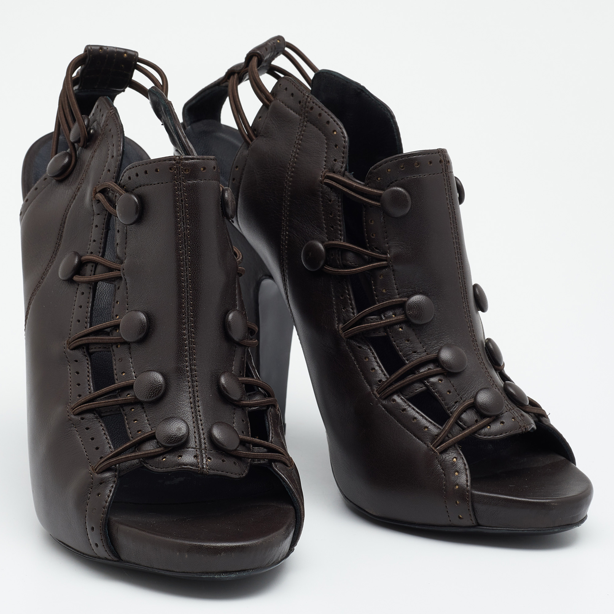 Bottega Veneta Dark Brown Leather Platform Sandals Size 38.5