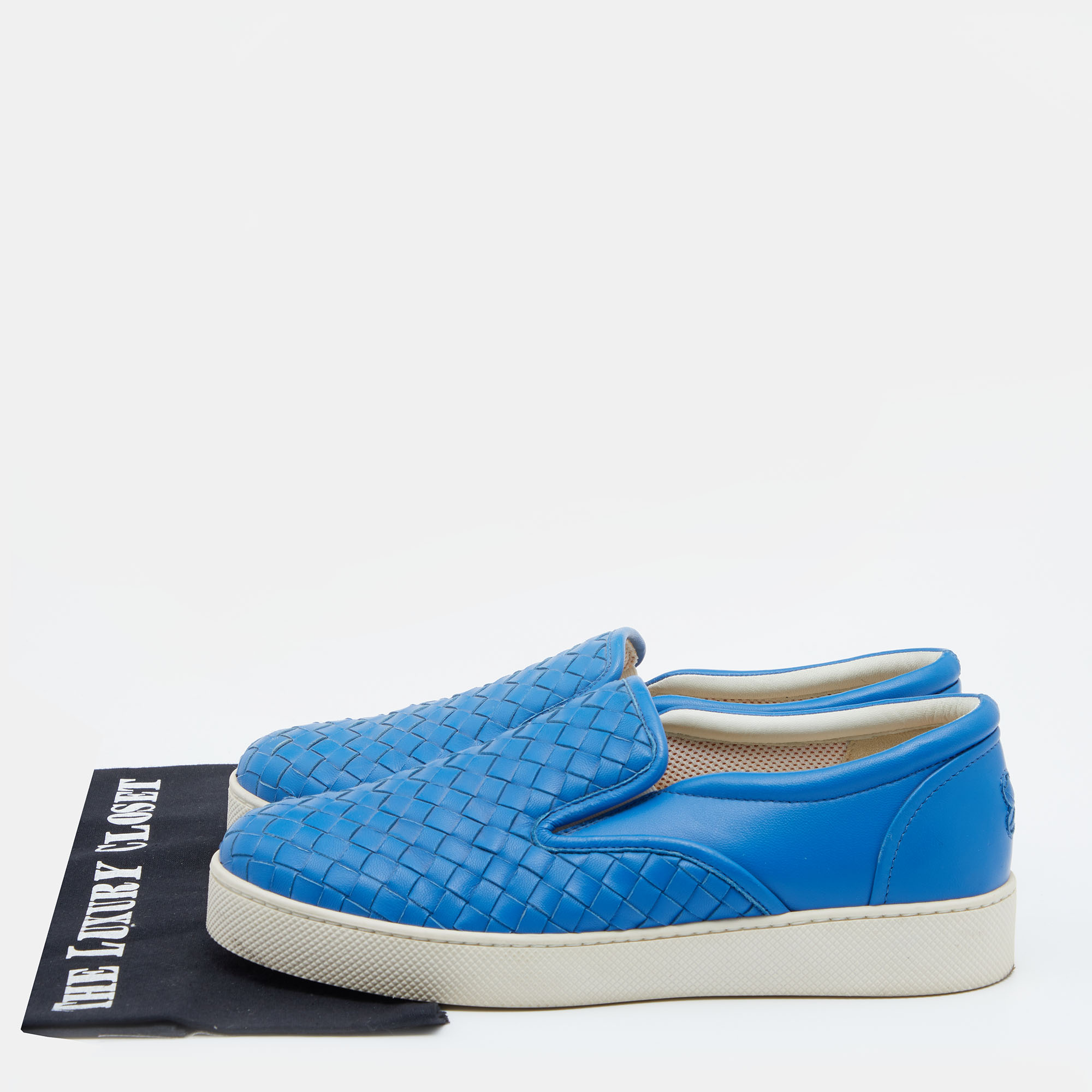 Bottega Veneta Blue Intrecciato Leather Slip On Sneakers Size 38.5