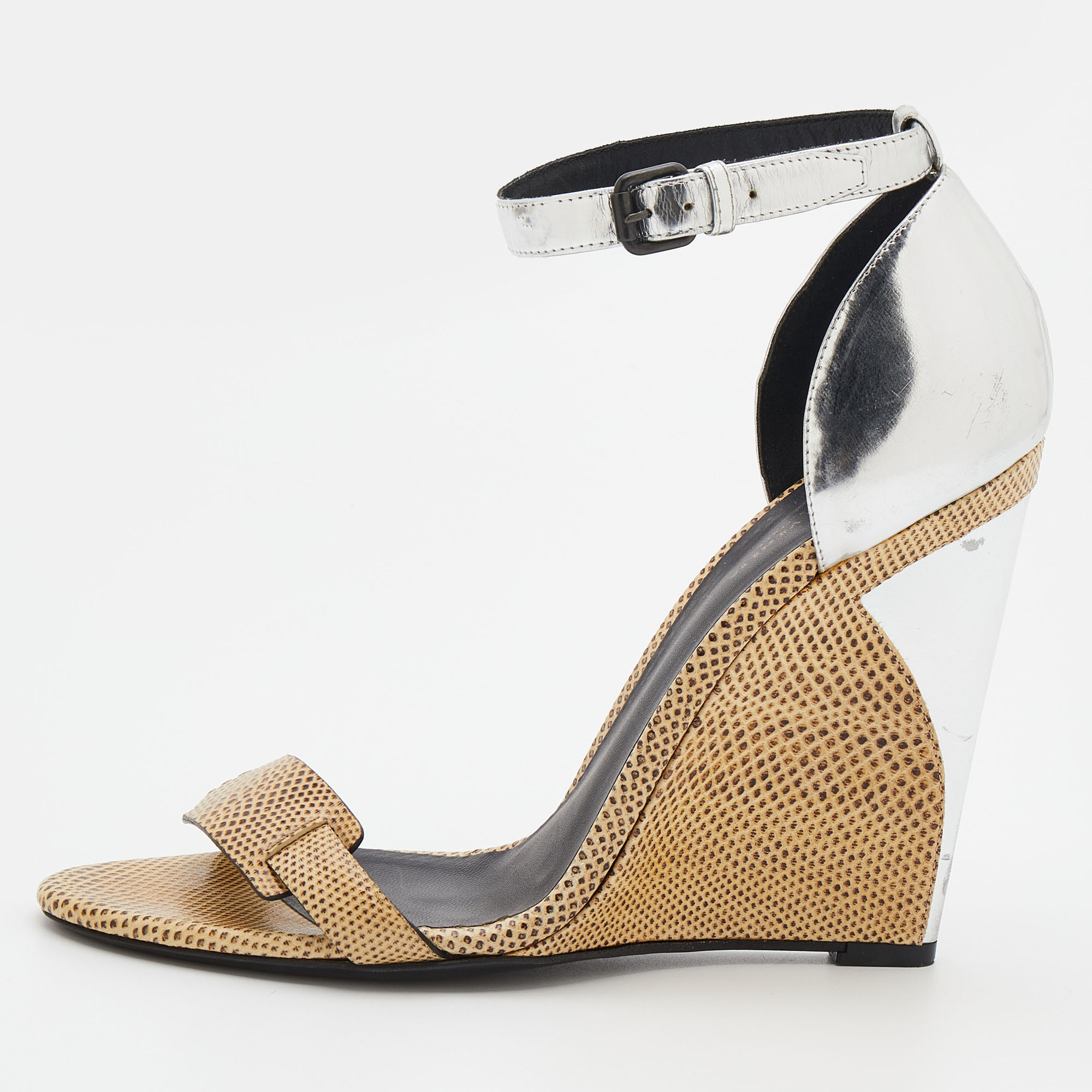 

Bottega Veneta Cream/Silver Iguana And Leather Wedge Ankle Strap Sandals Size
